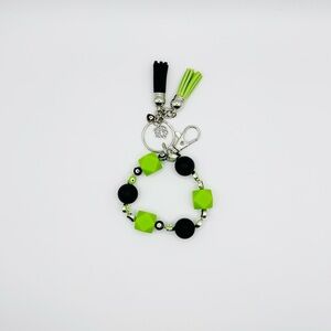 Green and Black Beaded Keychain with Tassels